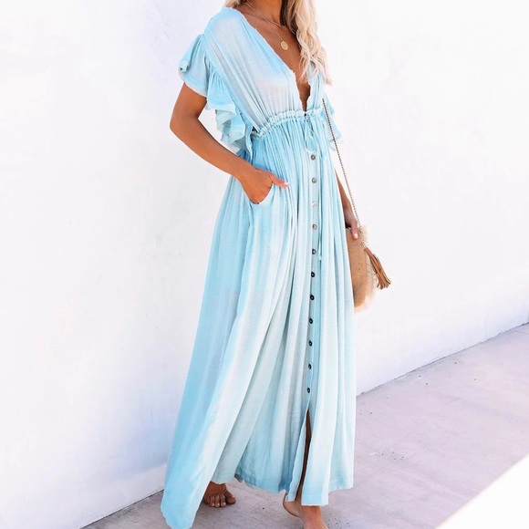 Seafoam Boho Gauze Button Front Flutter Sheer Maxi Dress W/Adjustable Waist - Picture 1 of 7